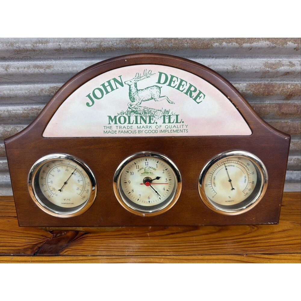 Vintage John Deere Wooden Clock Thermometer & Barometer Weather Station Tested